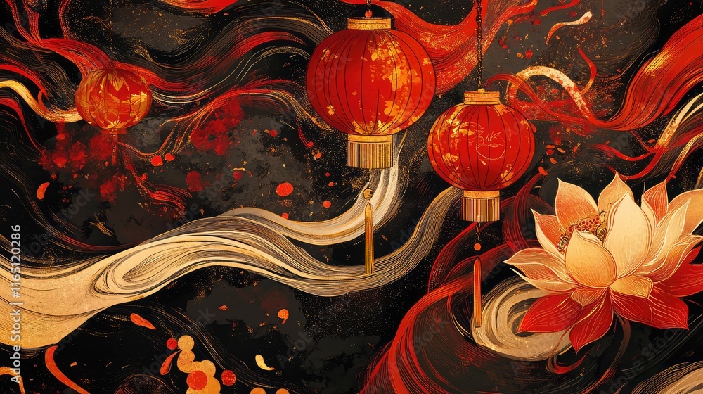 Poster dynamic abstract patterns with chinese festive symbols like lanterns and lotus flowers, surrounded b