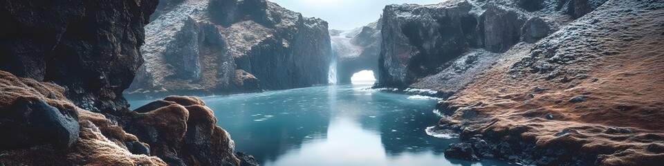 Aerial panorama of a remote Icelandic fjord, with the Northern Lights reflecting in the icy water surrounded by jagged cliffs, in 4K resolution