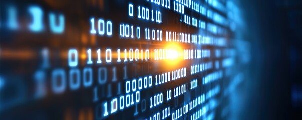 Obraz premium Digital Stream of Light: Abstract binary code flows in a dynamic, glowing stream, symbolizing data, technology, and innovation. The warm light adds a sense of potential and power. 