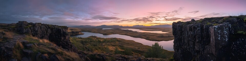 Fototapeta premium Wide-angle shot of auroras sweeping across Thingvellir National Park, with its rift valley glowing under the vibrant green and purple hues, in 4K resolution