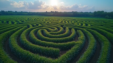 Aerial view of a large corn maze at sunset.