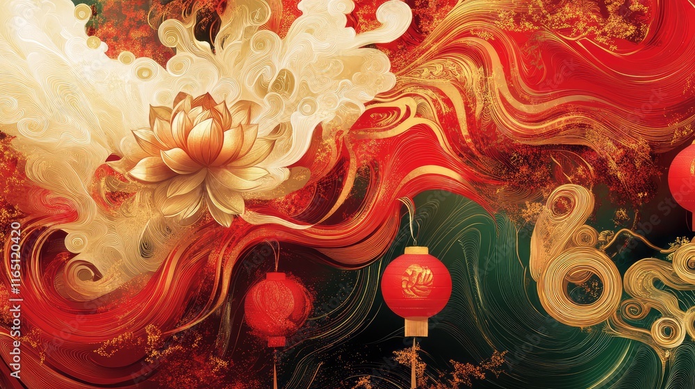 Poster dynamic abstract patterns with chinese festive symbols like lanterns and lotus flowers, surrounded b