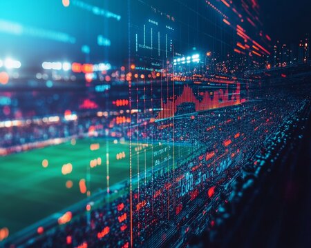Abstract Data Visualization Over Football Crowd - Pastel Geometric Overlay in South Korea Stadium Scene