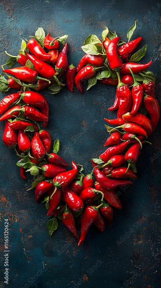 Poster fiery red chili peppers arranged in a captivating heart shape on a dark rustic background with ample