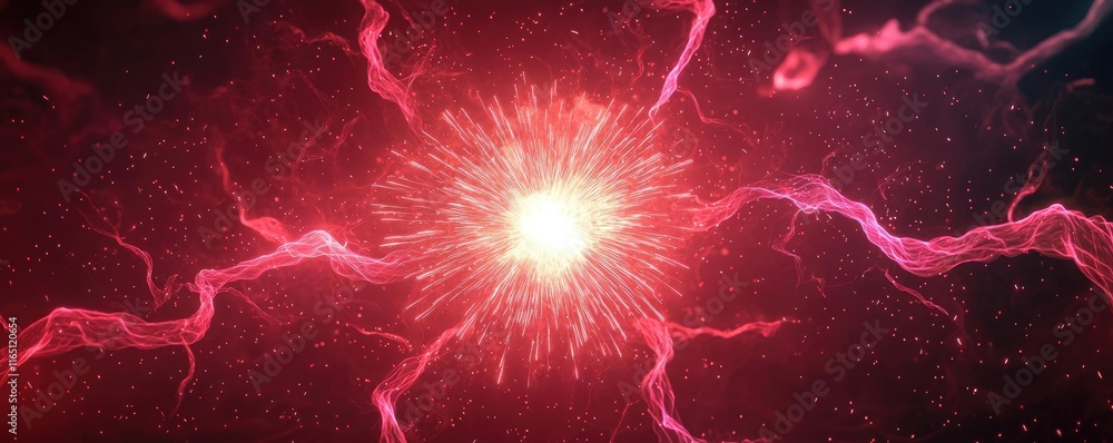 Poster Fireworks abstract background idea. A vibrant depiction of energy radiating from a central core with dynamic lightning effects.