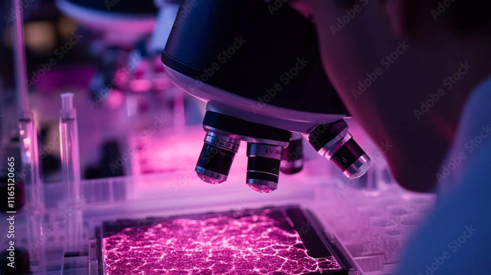 Poster scientist examining cells under a microscope in a laboratory setting with vibrant colors