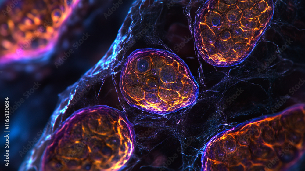 Poster vibrant microscopic view of glowing cellular structures under a microscope