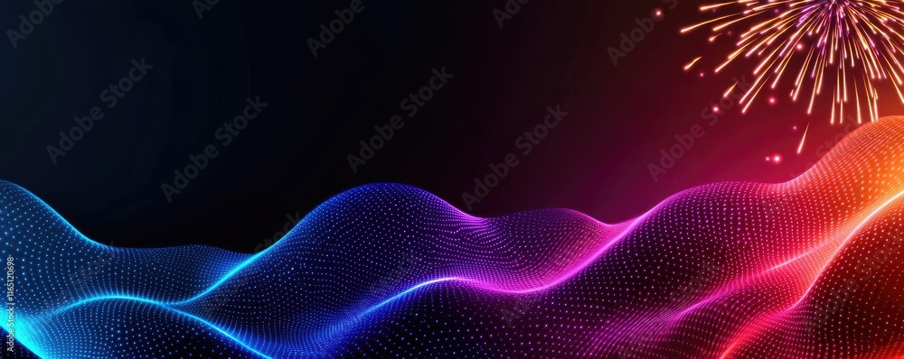 Poster Fireworks abstract background idea. A vibrant wave of colorful neon light patterns against a dark background.