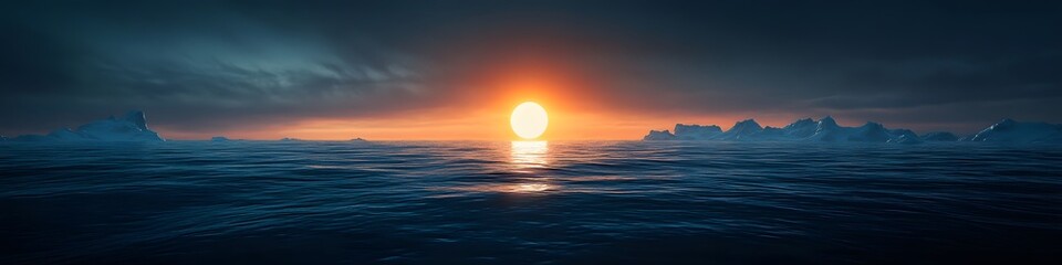 Panoramic view of the Midnight Sun blending with the Northern Lights over the Arctic Ocean, creating a surreal mix of colors, in 4K resolution