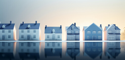 A small model of houses in blue and white colors. Real estate market growth