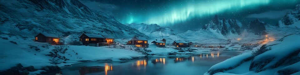 Fototapeta premium Aerial panorama of the Aurora Borealis reflecting in a snow-covered Arctic valley, with small wooden cabins glowing softly, in 4K resolution