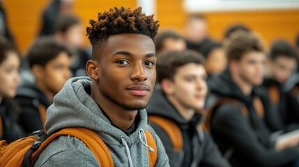 Young man in a group setting, focused and attentive.