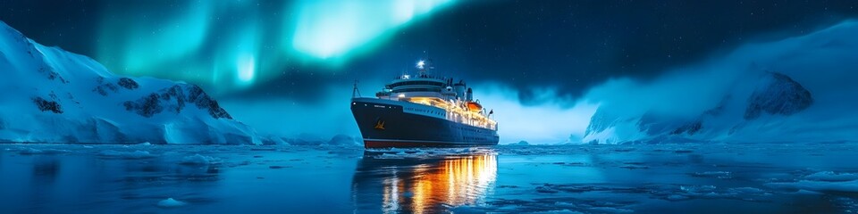 Fototapeta premium Panoramic view of an Arctic expedition ship navigating under the Aurora Borealis, with shimmering reflections glowing in the icy ocean, in 4K resolution