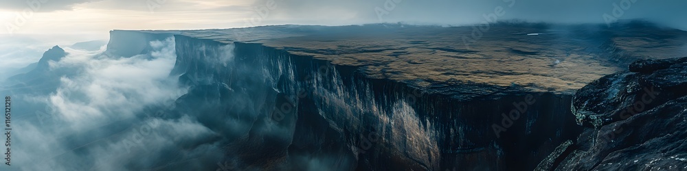 Aufkleber aerial panorama of the tabletop summit of mount roraima shrouded in light mist, with dramatic rock f