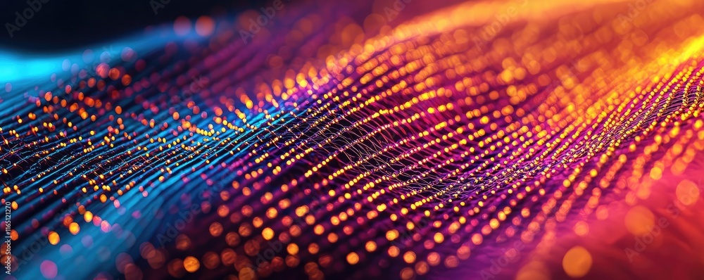 Poster Fireworks abstract background idea. Abstract digital wave with vibrant colors and glowing dots in a dynamic flow.
