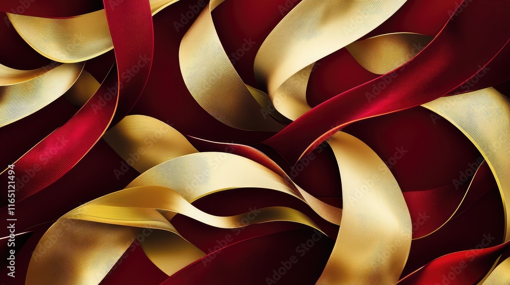 Poster dynamic abstract ribbons in red and gold twisting and overlapping on a dark crimson background.