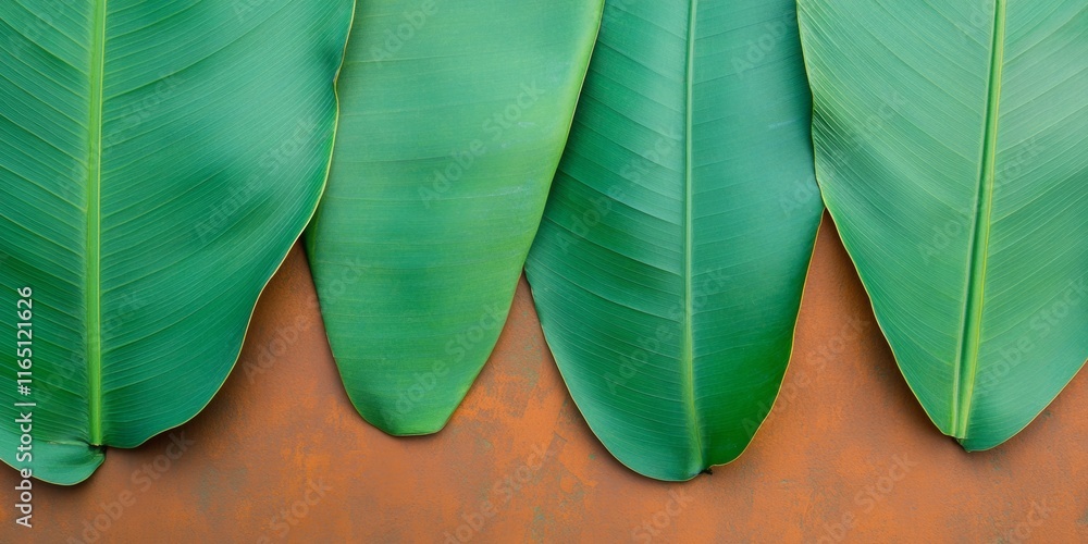 Poster vibrant green leaves on rustic orange surface a textured botanical display