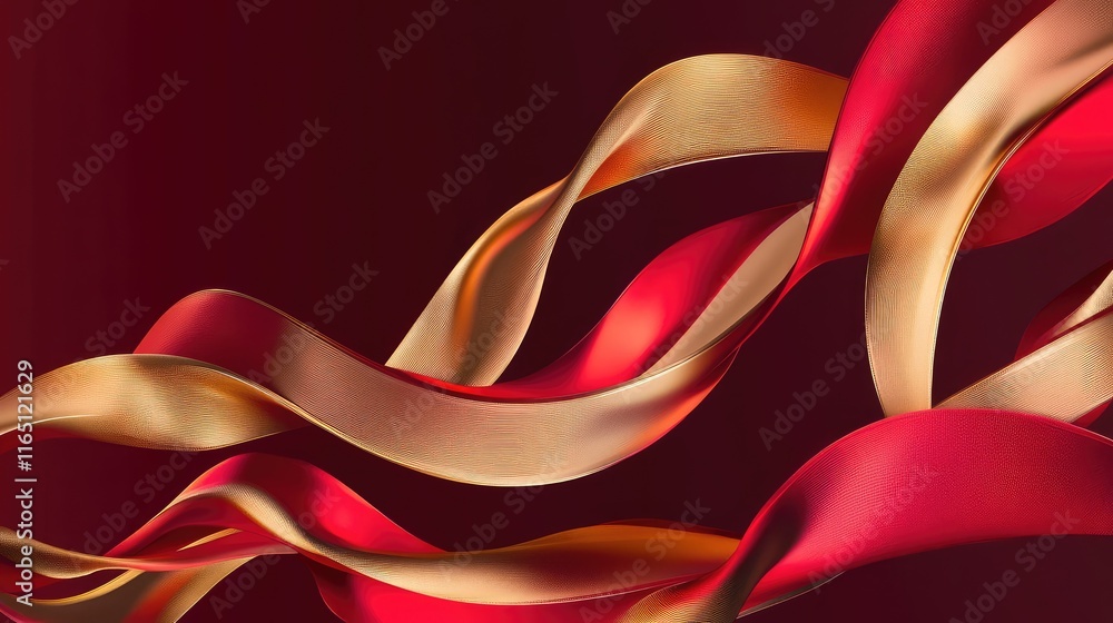 Poster dynamic abstract ribbons in red and gold twisting and overlapping on a dark crimson background.
