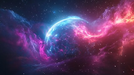 A conceptual Earth encircled by dynamic, luminous light streams, glowing holographic nodes marking global connections, intricate digital overlays, and a vibrant space backdrop filled with stars,