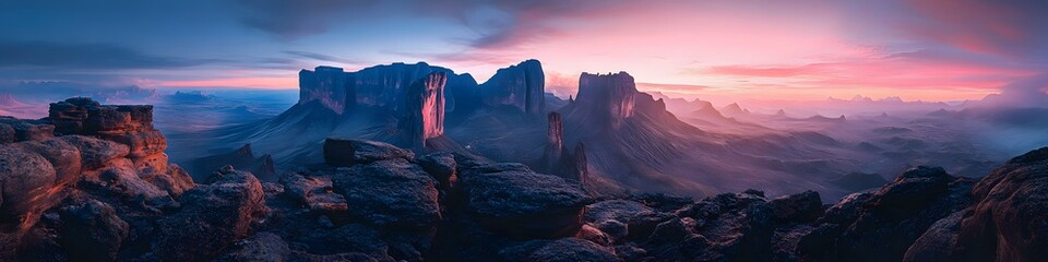 Fototapeta premium Aerial panorama of the iconic rock formations on Mount Roraima s plateau, glowing under soft twilight, in 4K resolution