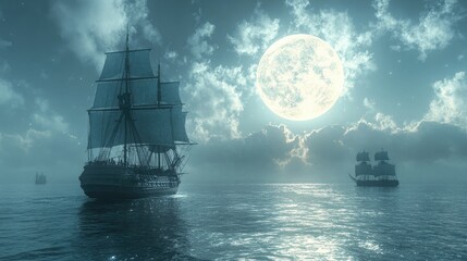 Sailing ships at night under a full moon.