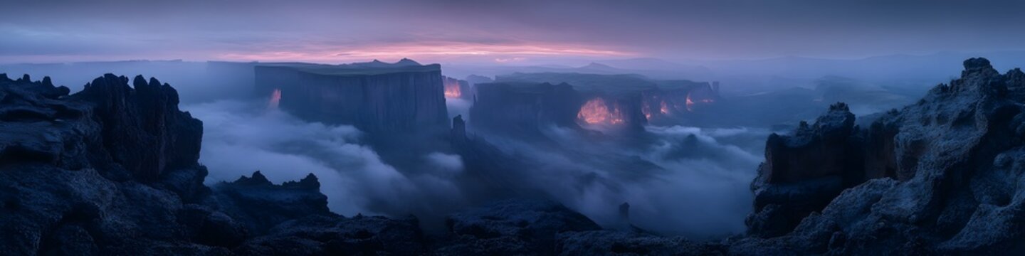 Aerial panorama of the iconic rock formations on Mount Roraima s plateau, glowing under soft twilight, in 4K resolution
