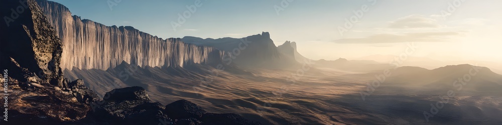 Poster panoramic view of mount roraima s cliffs glowing under the soft light of twilight, with the savannah