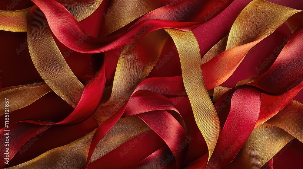 Poster dynamic abstract ribbons in red and gold twisting and overlapping on a dark crimson background.