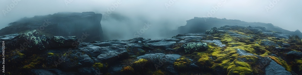 Poster panoramic view of the summit of mount roraima shrouded in swirling mist, with vibrant moss and jagge