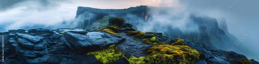 Poster panoramic view of the summit of mount roraima shrouded in swirling mist, with vibrant moss and jagge