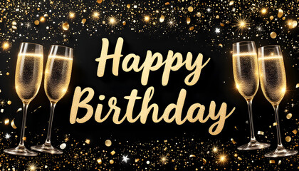 Elegant Gold Happy Birthday: Sparkling Champagne Toast with Confetti