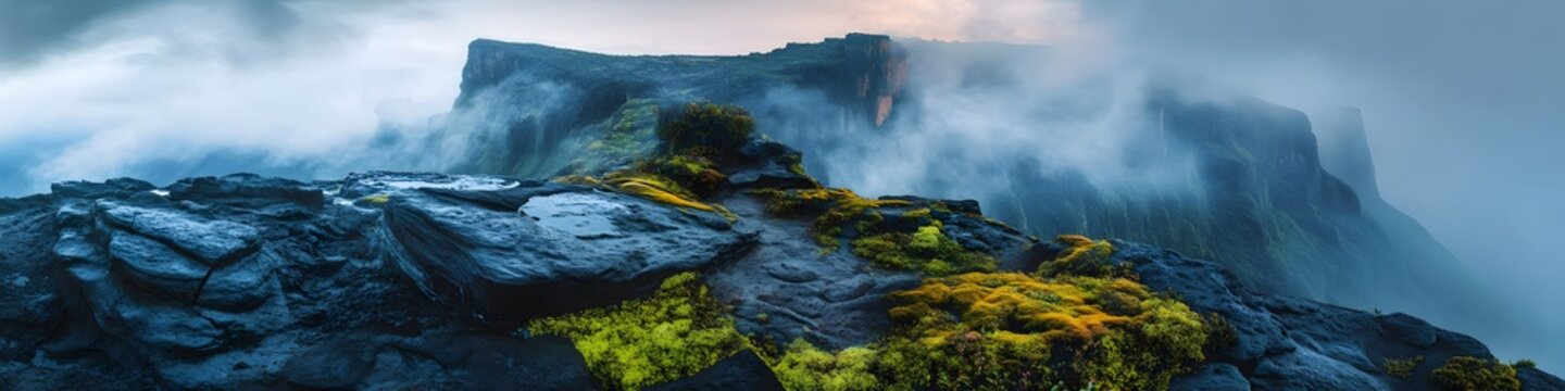 Panoramic view of the summit of Mount Roraima shrouded in swirling mist, with vibrant moss and jagged rocks illuminated by soft light, in 4K resolution
