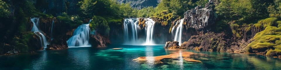 Panoramic view of cascading waterfalls surrounded by colorful geothermal pools and lush summer greenery, in 4K resolution