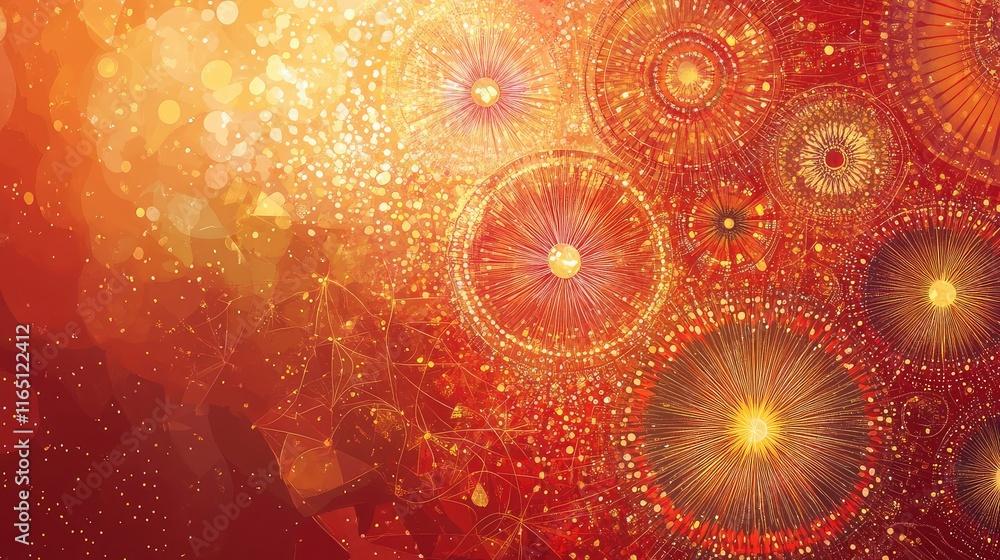 Poster dynamic blend of golden fireworks and red geometric patterns on a textured gradient backdrop.