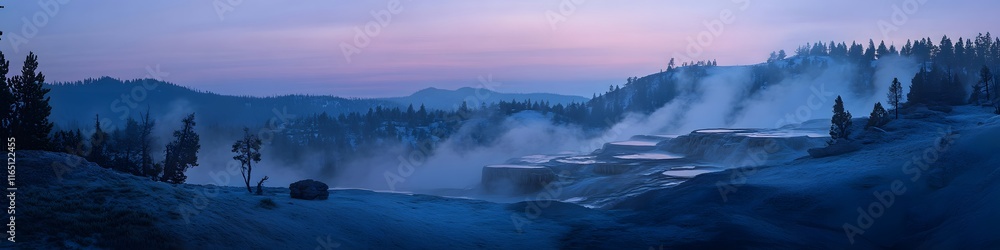 Poster Aerial panorama of the valley s geothermal features glowing under soft twilight hues, with mist creating a surreal atmosphere, in 4K resolution
