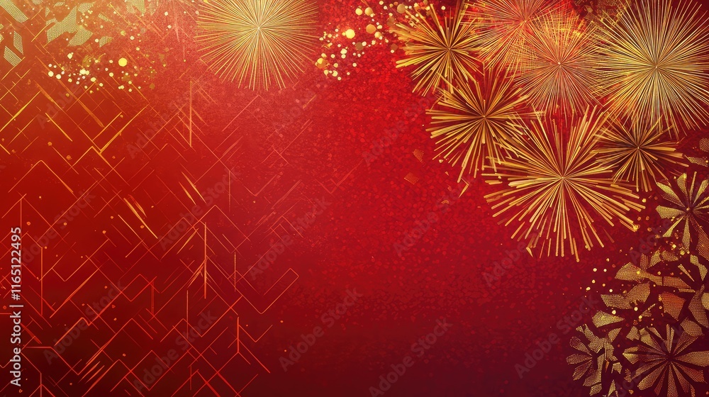 Poster dynamic blend of golden fireworks and red geometric patterns on a textured gradient backdrop.