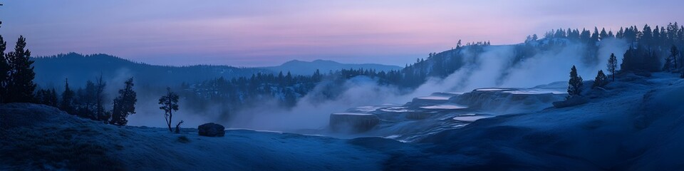 Obraz premium Aerial panorama of the valley s geothermal features glowing under soft twilight hues, with mist creating a surreal atmosphere, in 4K resolution