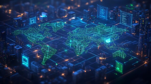 A conceptual global map showcasing a tech ecosystem, with dynamic glowing lines connecting innovation hubs, floating holographic visuals displaying tech data, vivid blue and green accents,