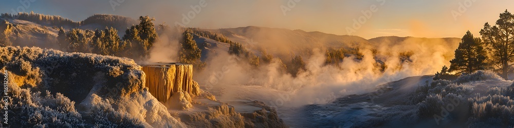 Poster panoramic view of the valley of geysers illuminated by the golden light of sunrise, with intricate s