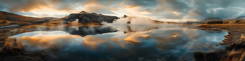 Fototapeta premium Wide shot of a serene geothermal lake reflecting the surrounding cliffs and steam clouds glowing under golden light, in 4K resolution