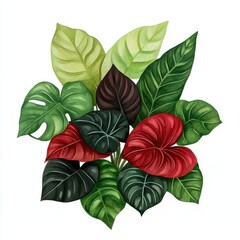 Obraz premium A vibrant arrangement of various leaves, showcasing shades of green, red, and dark hues, capturing the beauty of tropical foliage.