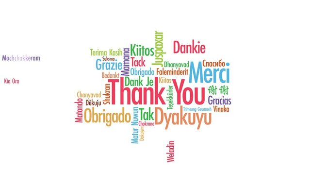 Thank you in all language flat animation motion graphic 4k on white background