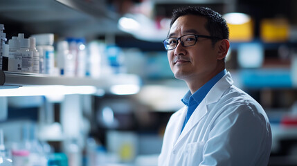 Fototapeta premium Scientist in laboratory conducting research with chemicals and materials