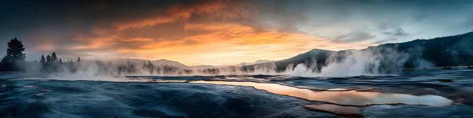Fototapeta premium Panoramic view of the Valley of Geysers with steam rising dramatically under a fiery sunset sky, creating a cinematic atmosphere, in 4K resolution