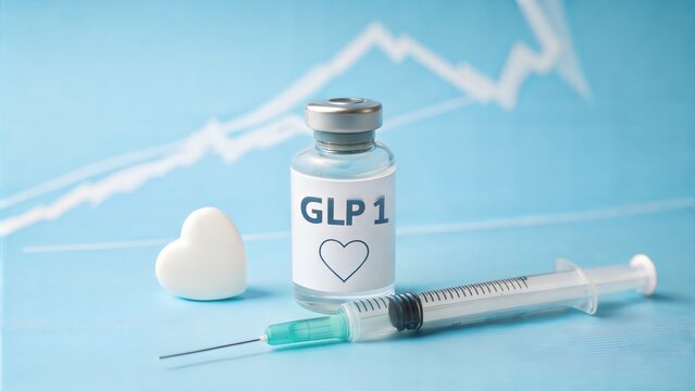 GLP-1 medication vial with syringe and heart on blue background.  Medical treatment concept for improved heart health.  Focus on preventative care.