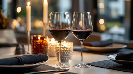 Obraz premium Two glasses of red wine on a romantic dinner table with candles.