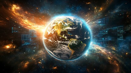 A conceptual image of Earth from orbit, with radiant lines of data swirling around it, digital grids overlaying continents, holographic floating panels displaying live analytics,