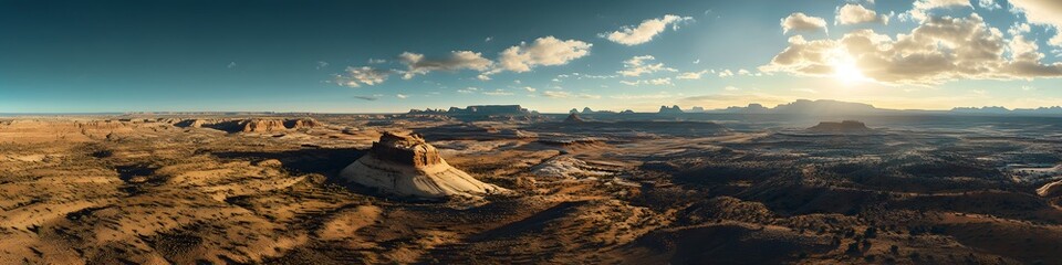Aerial panorama of The Wave surrounded by distant mesas and desert vegetation, with vibrant sandstone textures glowing under bright sunlight, in 4K resolution