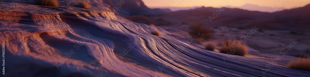 Poster wide shot of the swirling sandstone layers of the wave glowing under soft twilight, with distant des