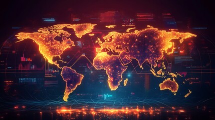 A conceptual world map with a glowing data mesh, vibrant data streams weaving through continents, floating holographic charts above, and sharp neon accents against a cyber-themed backdrop,